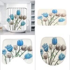 4 Pcs  Bathroom Set Floral Blue Grey Roses New
